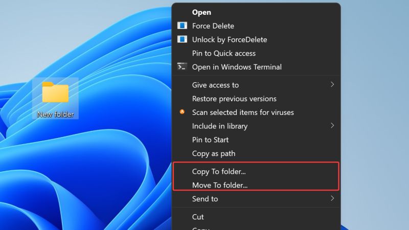 добавить копию в папку перейти в папку в контекстном меню Windows 11