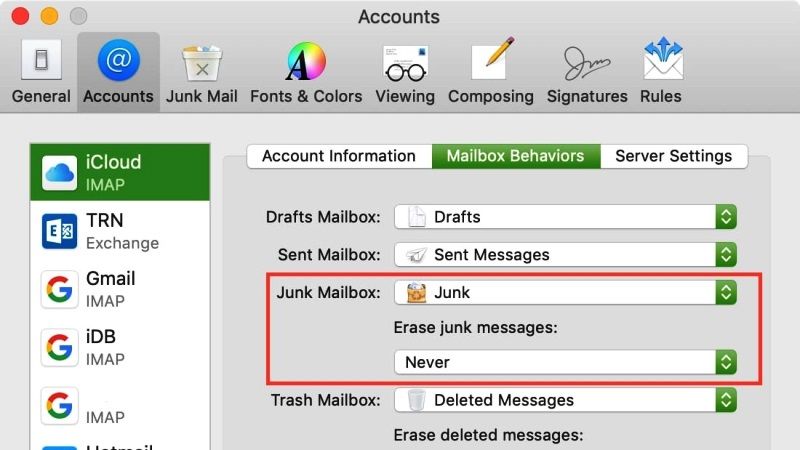 отправлять спам-сообщения прямо в корзину в почте Apple на Mac ventura