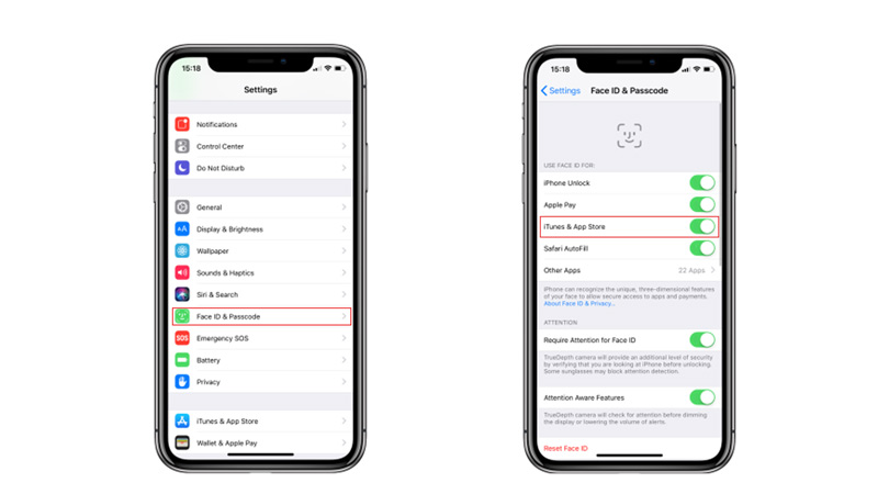 turn on face id in app store